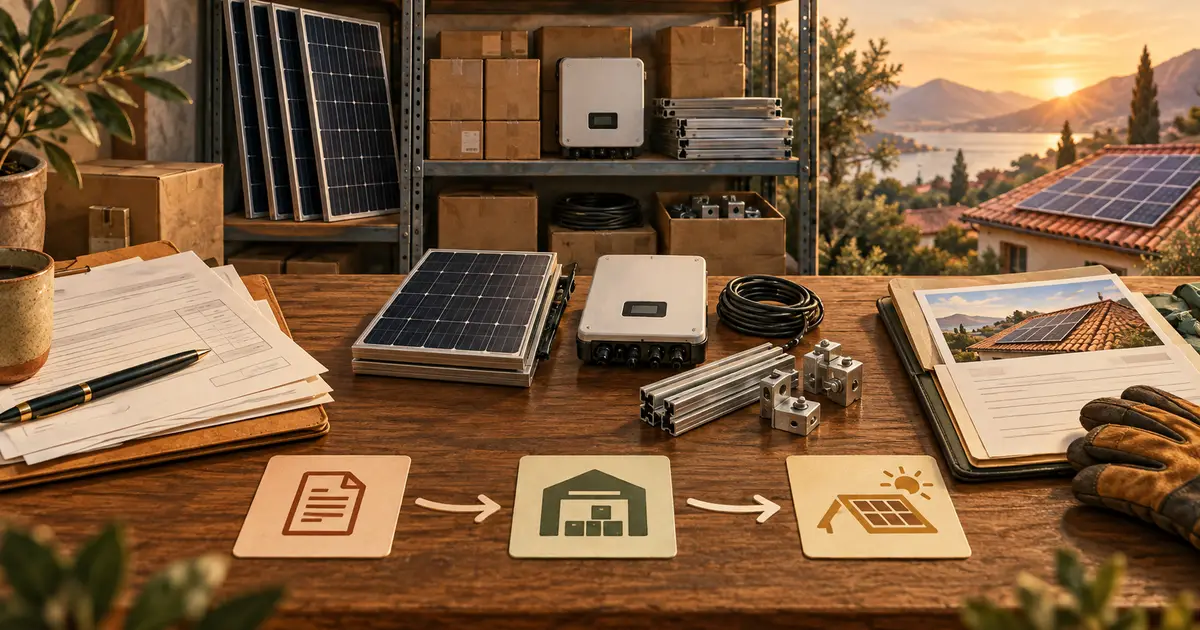 Solar installer warehouse inventory and mobile rooftop delivery note synced with AI